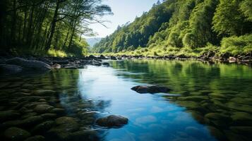 AI generated A photo of a serene, unpolluted river flowing through a pristine natural landscape. Generative AI