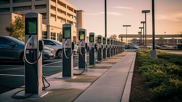 AI generated A photo of a row of electric charging stations for vehicles in a city parking lot. Generative AI