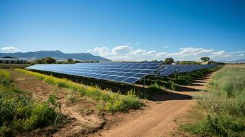 ai generado un foto de un renovable energía solar granja con filas de fotovoltaica paneles generando limpiar electricidad. generativo ai