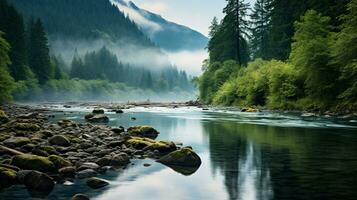 ai generado un foto de un sereno, impoluto río fluido mediante un prístino natural paisaje. generativo ai