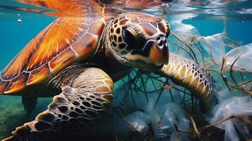 AI generated A photo of a sea turtle entangled in plastic waste. Generative AI