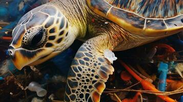 AI generated A photo of a sea turtle entangled in plastic waste. Generative AI