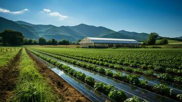 AI generated a photo of a renewable energy solar farm with rows of photovoltaic panels generating clean electricity. Generative AI