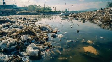 ai generado un foto de un contaminado orilla del río con descartado residuos y contaminado agua. generativo ai