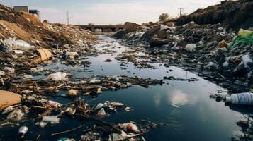 ai generado un foto de un contaminado orilla del río con descartado residuos y contaminado agua. generativo ai