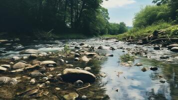 AI generated A photo of a once pristine river now heavily affected by pollution. Generative AI