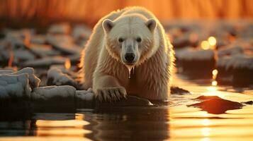 ai generado un foto de un polar oso en pie en un derritiendo hielo témpano de hielo a puesta de sol. generativo ai