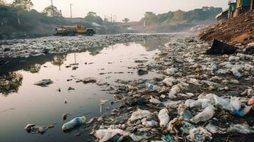 ai generado un foto de un contaminado orilla del río con descartado residuos y contaminado agua. generativo ai