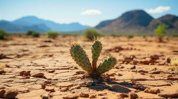 AI generated a photo of a parched desert landscape with cracked earth and a cactus. Generative AI