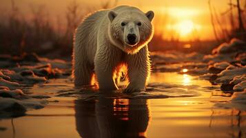 AI generated a photo of a polar bear standing on a melting ice floe at sunset. Generative AI