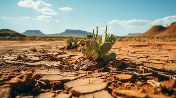 ai generado un foto de un tostado Desierto paisaje con agrietado tierra y un cactus. generativo ai