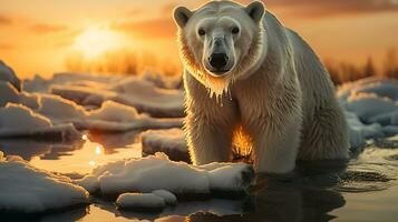 AI generated a photo of a polar bear standing on a melting ice floe at sunset. Generative AI