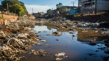 ai generado un foto de un contaminado del río impacto en un local comunidad. generativo ai