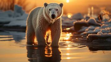 AI generated a photo of a polar bear standing on a melting ice floe at sunset. Generative AI