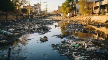 ai generado un foto de un contaminado del río impacto en un local comunidad. generativo ai