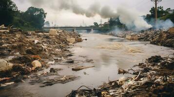 ai generado un foto de un contaminado del río impacto en un local comunidad. generativo ai