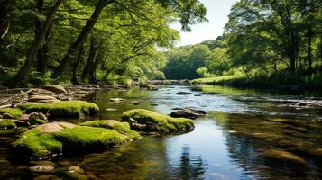 ai generado un foto de un lozano, verde orilla del río próspero con fauna silvestre y claro agua. generativo ai