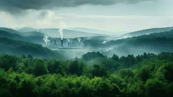 AI generated A photo of a lush, green forest contrasted against a distant factory emitting smoke. Generative AI