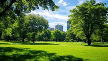 AI generated A photo of a lush, green park in the heart of a city. Generative AI