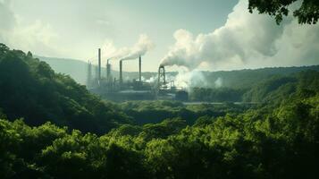 AI generated A photo of a lush, green forest contrasted against a distant factory emitting smoke. Generative AI