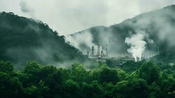 AI generated A photo of a lush, green forest contrasted against a distant factory emitting smoke. Generative AI