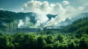 AI generated A photo of a lush, green forest contrasted against a distant factory emitting smoke. Generative AI