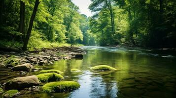 AI generated A photo of a lush, green riverbank thriving with wildlife and clear water. Generative AI