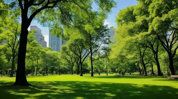 AI generated A photo of a lush, green park in the heart of a city. Generative AI