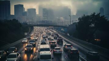 ai generado un foto de un congestionado ciudad autopista durante prisa hora. generativo ai