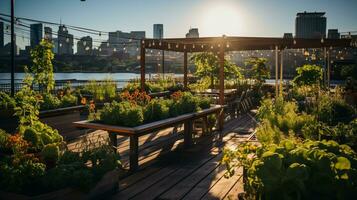 AI generated a photo of a downtown rooftop garden or urban farm, illustrating efforts to reduce the urban heat island effect and promote local food production. Generative AI