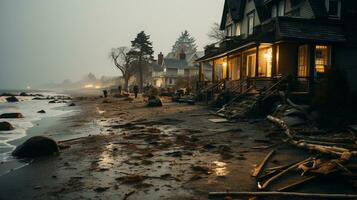 AI generated a photo of a coastal village experiencing sea level rise and erosion during a storm. Generative AI