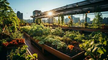 AI generated a photo of a downtown rooftop garden or urban farm, illustrating efforts to reduce the urban heat island effect and promote local food production. Generative AI