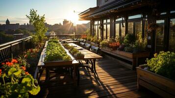 AI generated a photo of a downtown rooftop garden or urban farm, illustrating efforts to reduce the urban heat island effect and promote local food production. Generative AI