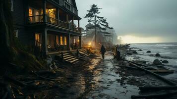 AI generated a photo of a coastal village experiencing sea level rise and erosion during a storm. Generative AI