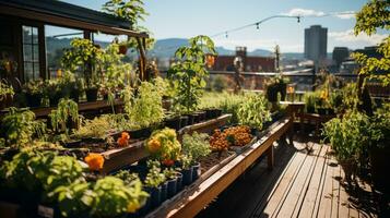 AI generated a photo of a downtown rooftop garden or urban farm, illustrating efforts to reduce the urban heat island effect and promote local food production. Generative AI