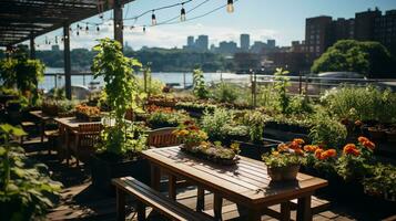 AI generated a photo of a downtown rooftop garden or urban farm, illustrating efforts to reduce the urban heat island effect and promote local food production. Generative AI