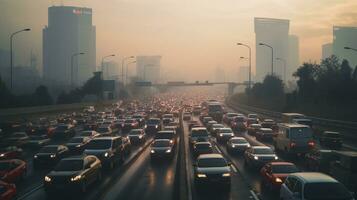 ai generado un foto de un congestionado ciudad autopista durante prisa hora. generativo ai