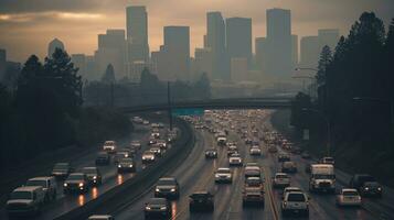 ai generado un foto de un congestionado ciudad autopista durante prisa hora. generativo ai