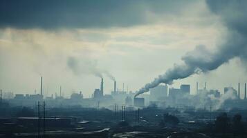 ai generado un foto de un ciudad horizonte parcialmente oscurecido por fábrica fumar. generativo ai