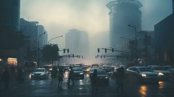 ai generado un foto de un ocupado urbano intersección envuelto en niebla tóxica y contaminación. generativo ai