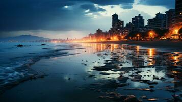 ai generado un foto de un costero de la ciudad horizonte parcialmente sumergido debido a creciente mar niveles durante un tormenta. generativo ai