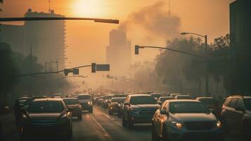 ai generado un foto de un ocupado urbano intersección envuelto en niebla tóxica y contaminación. generativo ai