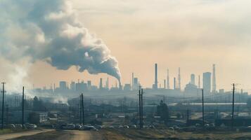 ai generado un foto de un ciudad horizonte parcialmente oscurecido por fábrica fumar. generativo ai