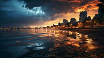 ai generado un foto de un costero de la ciudad horizonte parcialmente sumergido debido a creciente mar niveles durante un tormenta. generativo ai