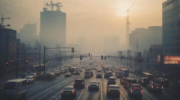 ai generado un foto de un ocupado urbano intersección envuelto en niebla tóxica y contaminación. generativo ai