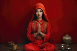 ai generado un mujer practicando meditación en un rojo vestir foto