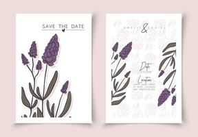 Set of cards minimal hand drawn lavender branches in line art style. Botanical leaves frame template. Editable vector design card for advertising, cover, wedding invitation, poster or save the date.