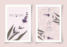 Set of cards minimal hand drawn lavender branches in line art style. Botanical leaves frame template. Editable vector design card for advertising, cover, wedding invitation, poster or save the date.