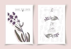 Set of cards minimal hand drawn lavender branches in line art style. Botanical leaves frame template. Editable vector design card for advertising, cover, wedding invitation, poster or save the date.