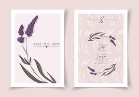 Set of cards minimal hand drawn lavender branches in line art style. Botanical leaves frame template. Editable vector design card for advertising, cover, wedding invitation, poster or save the date.